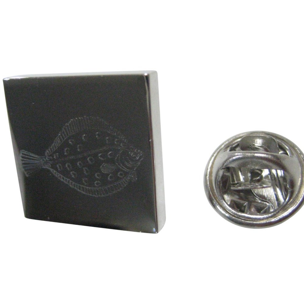 Silver Toned Square Etched Flounder Halibut Flatfish Lapel Pin